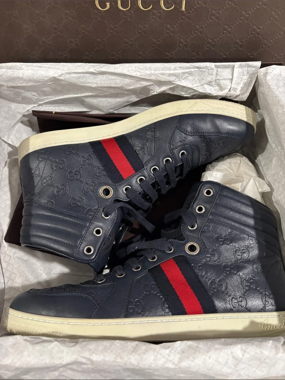 Gucci Navy High-Top Sneakers with Red Stripe